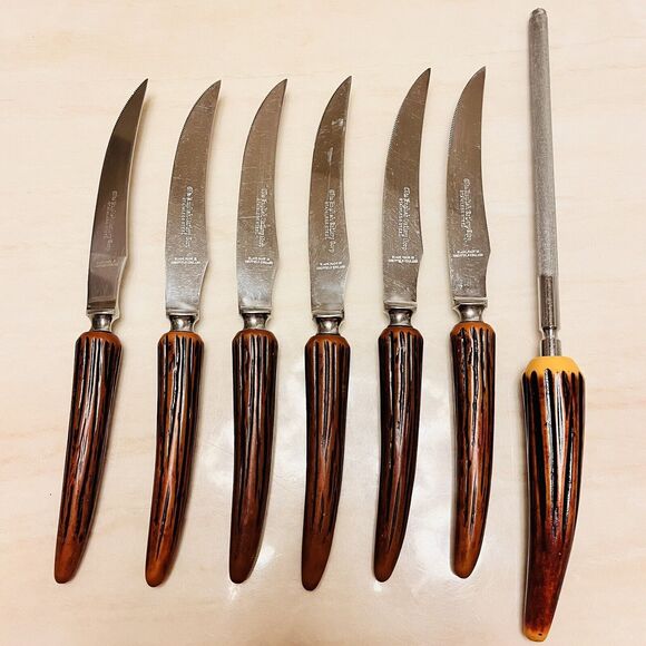 VTG Olde English Cutlery & Sheffield England Steak Knife Set of 6 w/ Sharpener - Picture 1 of 8
